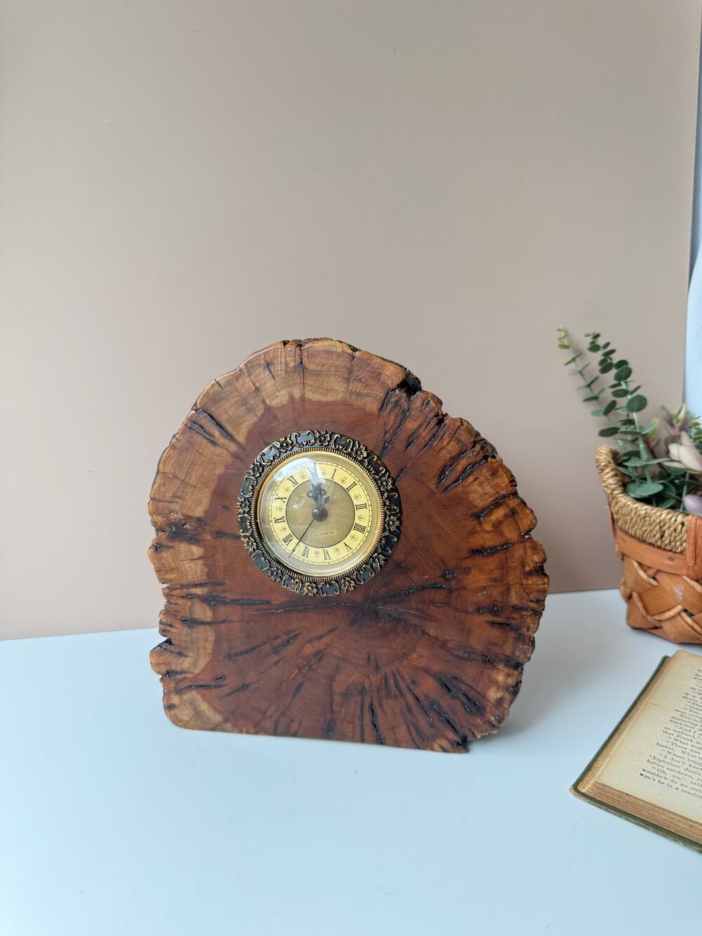 Handcrafted Burl Wood Mantle Clock | Battery Operated | Rustic Eclectic Decor